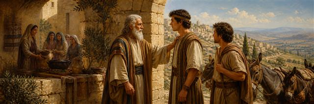 Young Saul and his servant meeting Samuel at a town gate after seeking donkeys